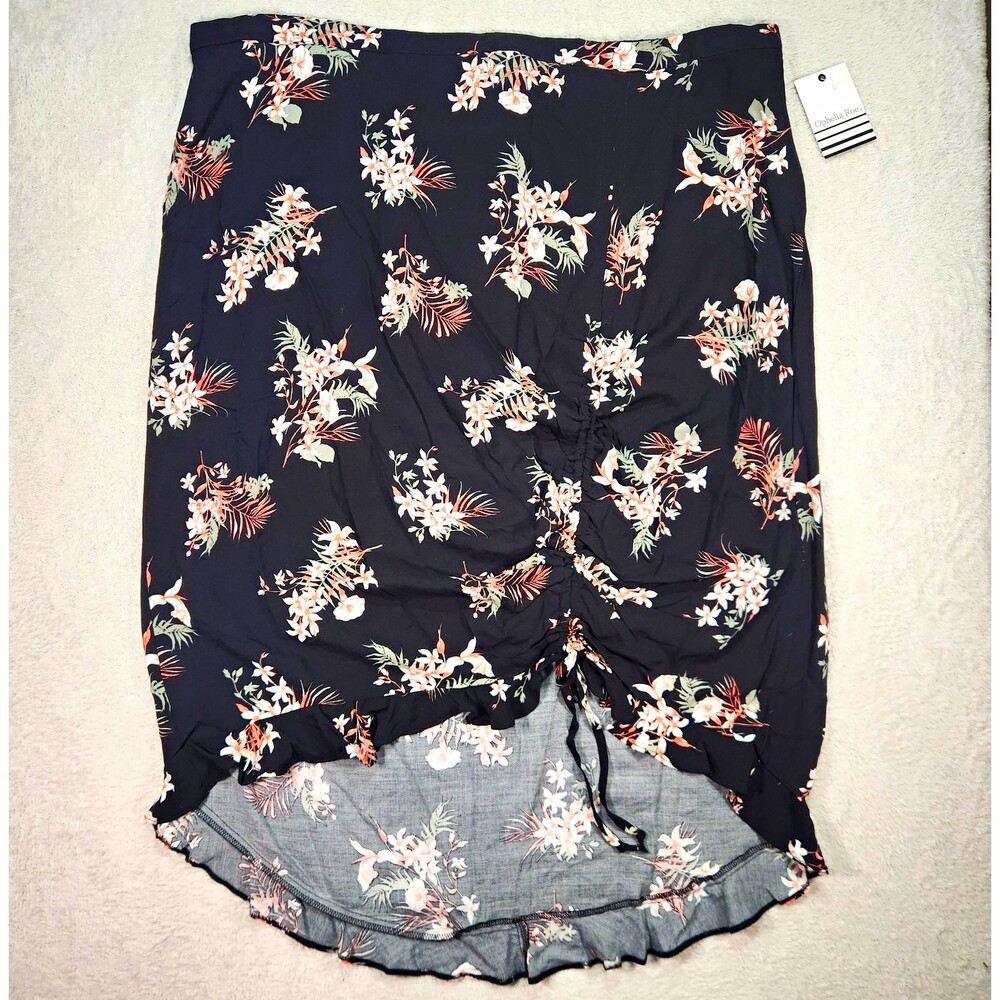 Ophelia Roe Women's 2X Black Floral Midi Skirt Woven Rayon A-Line Ruffle Pull-On